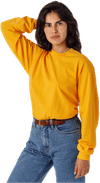 Am image of a Custom LA Apparel Long Sleeve Garment Dye Crewneck Shirt in Gold!
