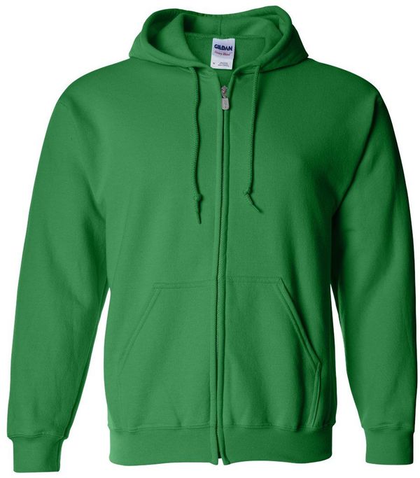 Am image of a Custom Gildan Heavy Blend Full Zip Hooded Sweatshirt in Irish Green!