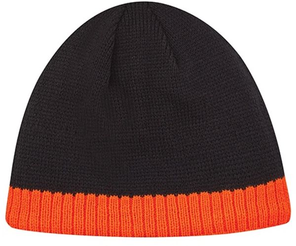 Am image of a Custom AJM Acrylic Stripe Micro Fleece Board Toque in Black/Neon Orange!