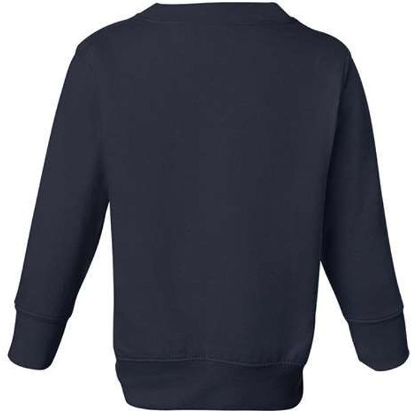 Am image of a Custom Rabbit Skins Toddler Fleece Crewneck Sweatshirt in Navy!