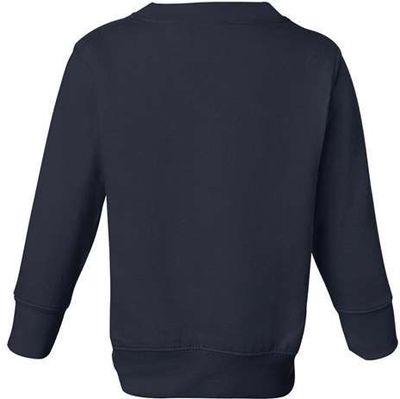 Am image of a Custom Rabbit Skins Toddler Fleece Crewneck Sweatshirt in Navy!