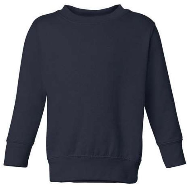 Am image of a Custom Rabbit Skins Toddler Fleece Crewneck Sweatshirt in Navy!