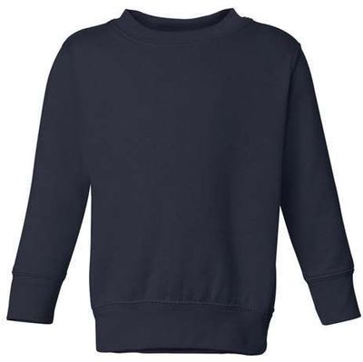 Am image of a Custom Rabbit Skins Toddler Fleece Crewneck Sweatshirt in Navy!