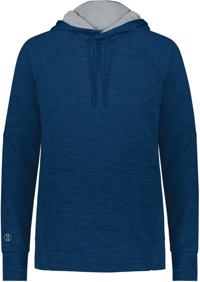 Am image of a Custom Holloway Ladies All Pro Performance Fleece Hoodie in Navy Heather/Silver!