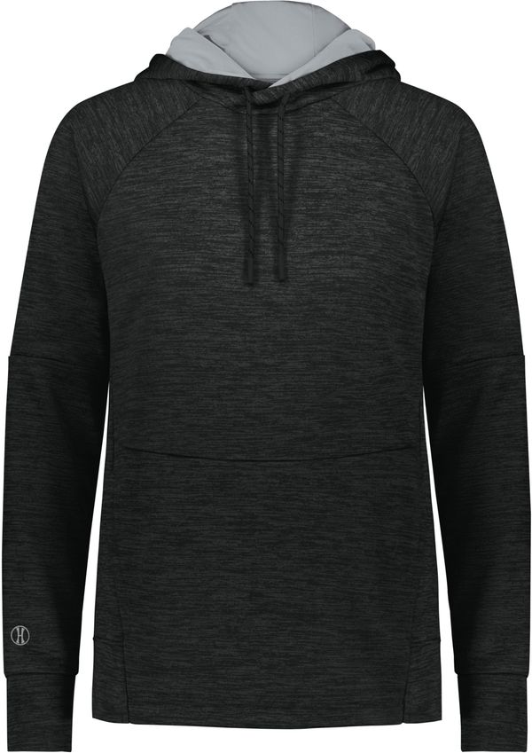 Am image of a Custom Holloway Ladies All Pro Performance Fleece Hoodie in Black Heather/Silver!