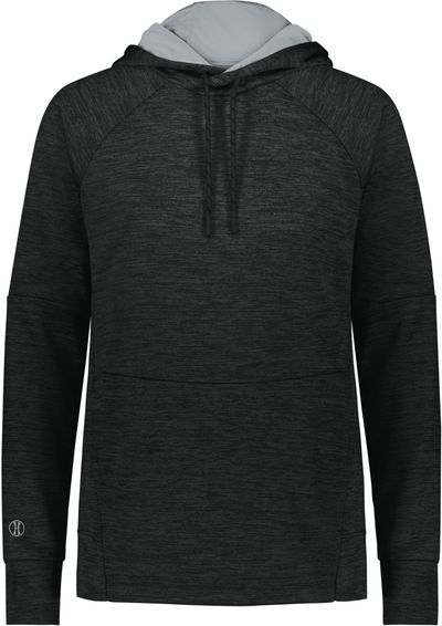 Am image of a Custom Holloway Ladies All Pro Performance Fleece Hoodie in Black Heather/Silver!