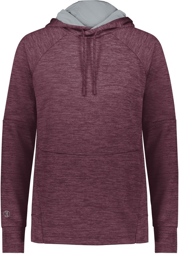 Am image of a Custom Holloway Ladies All Pro Performance Fleece Hoodie in Maroon Heather/Silver!