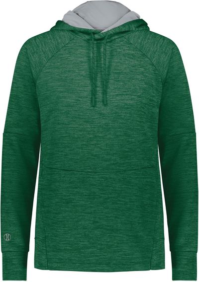 Am image of a Custom Holloway Ladies All Pro Performance Fleece Hoodie in Dark Green Heather/Silver!