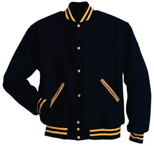 Am image of a Custom Holloway Letterman Jacket in Dark Navy/Light Gold!