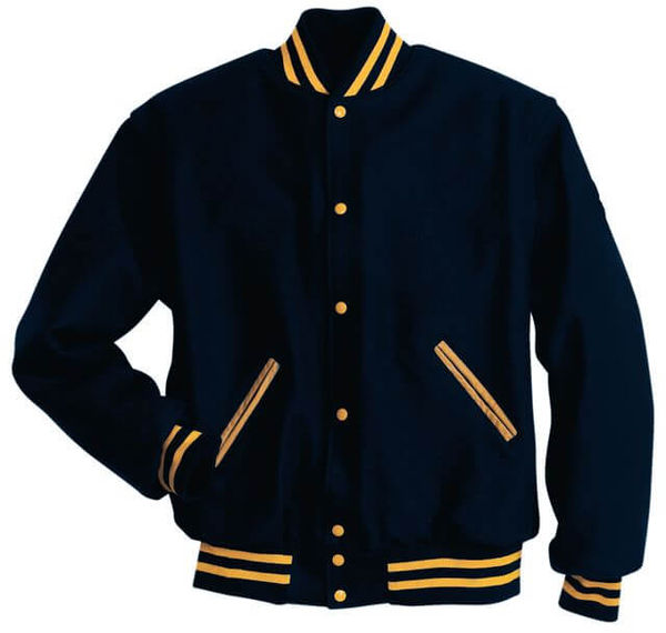 Am image of a Custom Holloway Letterman Jacket in True Navy/Light Gold!