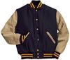 Am image of a Custom Holloway Varsity Jacket in Dark Navy/Cream/Light Gold!