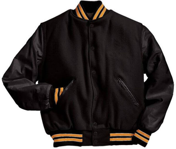 Am image of a Custom Holloway Varsity Jacket in Black/Light Gold/White!