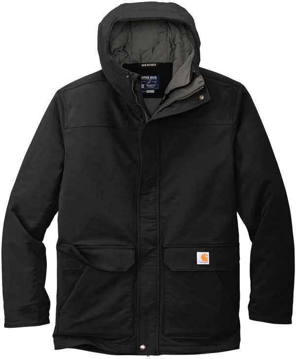 Am image of a Custom Carhartt Super Dux Insulated Hooded Coat in Black!