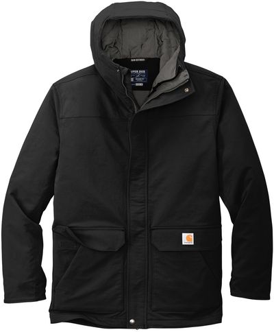 Am image of a Custom Carhartt Super Dux Insulated Hooded Coat in Black!