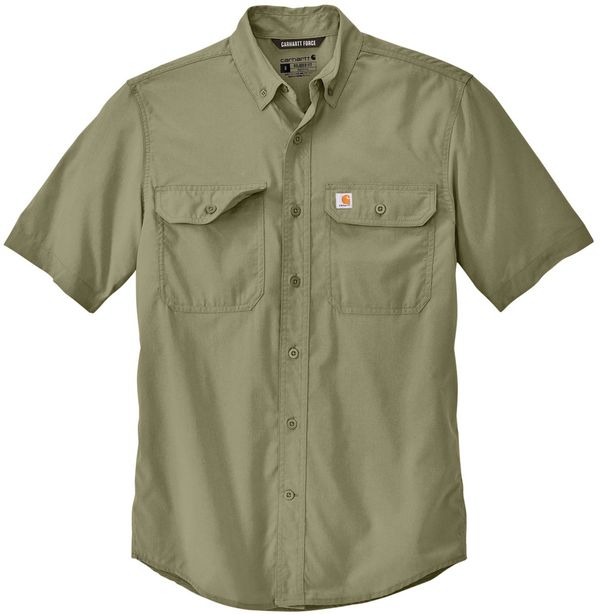 Am image of a Custom Carhartt Force Solid Short Sleeve Shirt in Burnt Olive!