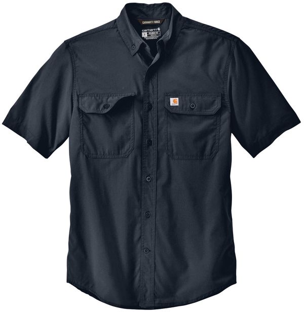 Am image of a Custom Carhartt Force Solid Short Sleeve Shirt in Navy!