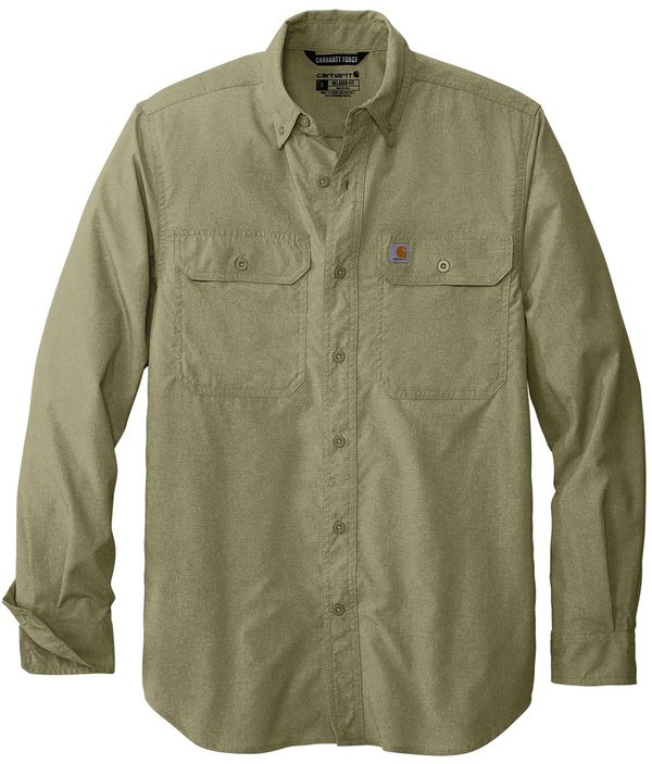 Am image of a Custom Carhartt Force Solid Long Sleeve Shirt in Burnt Olive!