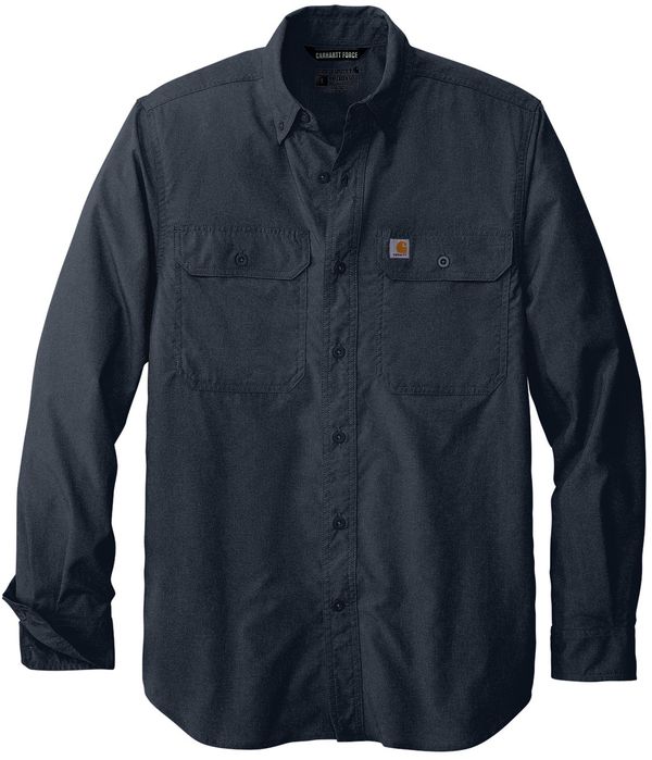 Am image of a Custom Carhartt Force Solid Long Sleeve Shirt in Navy!