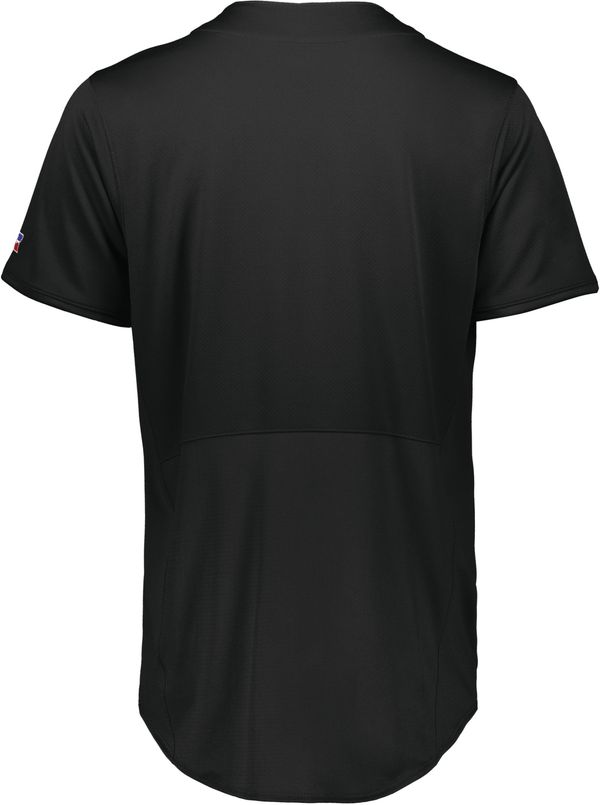 Am image of a Custom Russell Five Tool Full Button Front Baseball Jersey in Black!