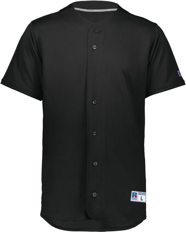 Am image of a Custom Russell Five Tool Full Button Front Baseball Jersey in Black!