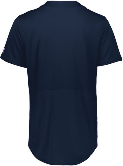 Am image of a Custom Russell Five Tool Full Button Front Baseball Jersey in Navy!