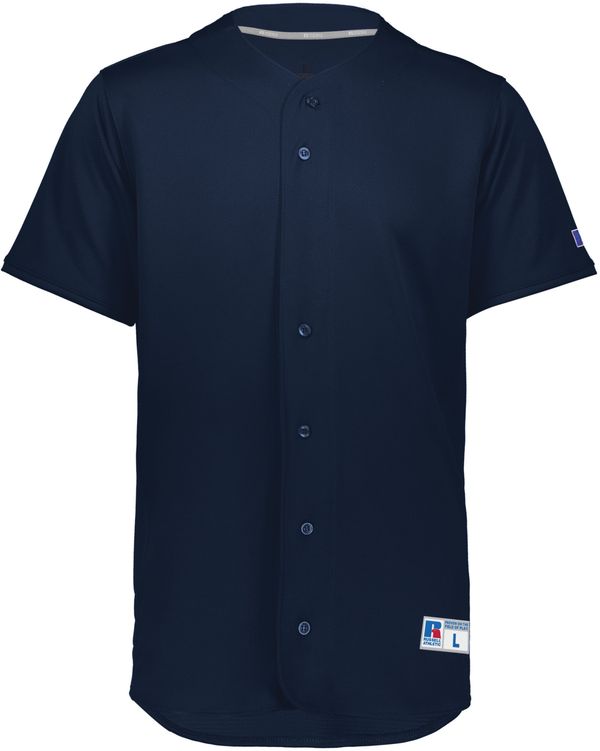 Am image of a Custom Russell Five Tool Full Button Front Baseball Jersey in Navy!