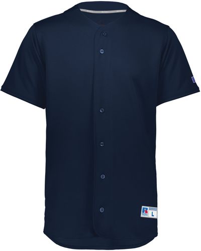 Am image of a Custom Russell Five Tool Full Button Front Baseball Jersey in Navy!