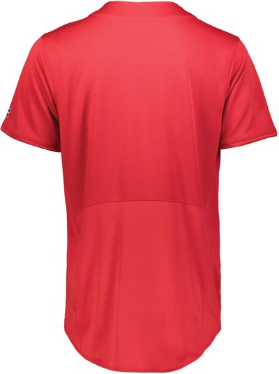 Am image of a Custom Russell Five Tool Full Button Front Baseball Jersey in True Red!