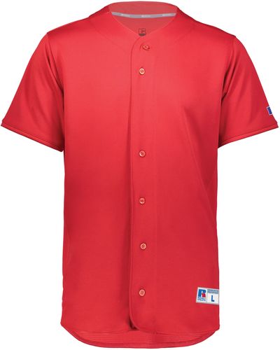 Am image of a Custom Russell Five Tool Full Button Front Baseball Jersey in True Red!