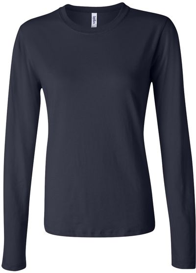 Am image of a Custom Bella and Canvas Womens Jersey Long Sleeve Tee in Navy!