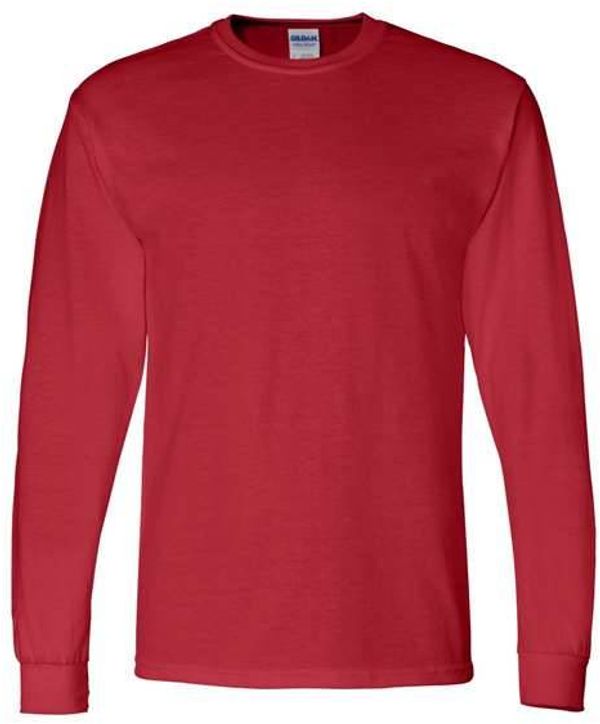 Am image of a Custom Gildan DryBlend Fifty Fifty Long Sleeve T Shirt in Red!