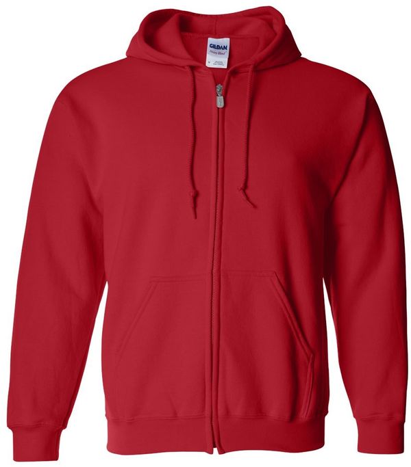 Am image of a Custom Gildan Heavy Blend Full Zip Hooded Sweatshirt in Red!
