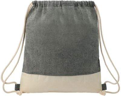 Am image of a Custom Split Recycled Cotton Drawstring Bag in Natural/Black!