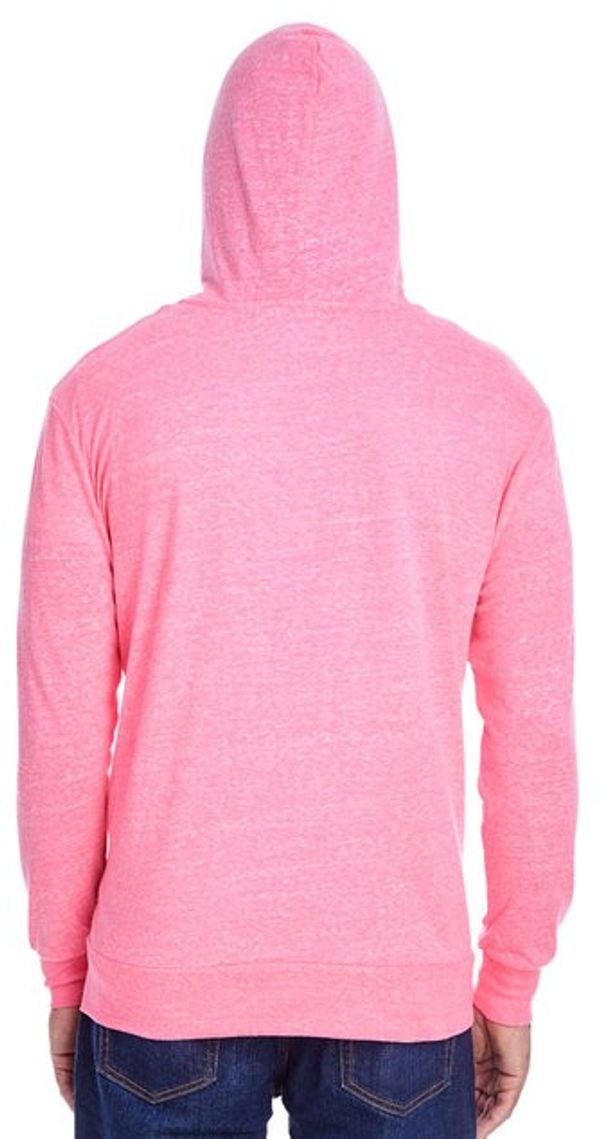Am image of a Custom Threadfast Unisex Triblend Full Zip Light Hoodie in Neon Pink Triblend!