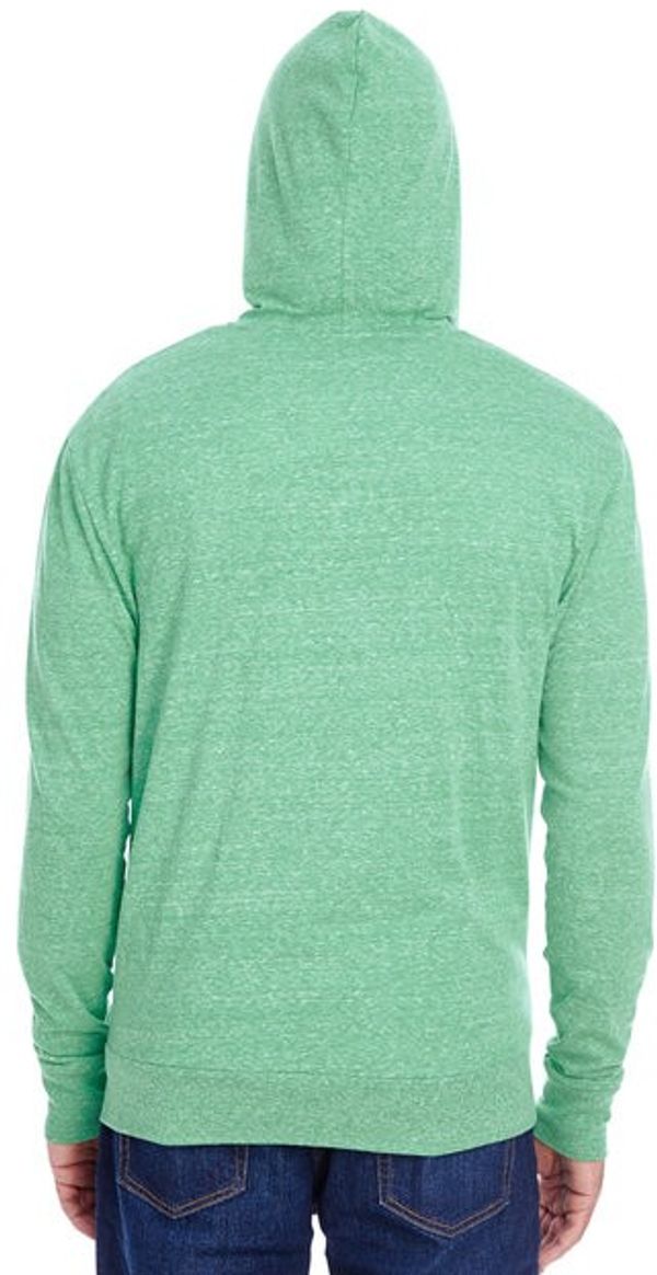 Am image of a Custom Threadfast Unisex Triblend Full Zip Light Hoodie in Green Triblend!