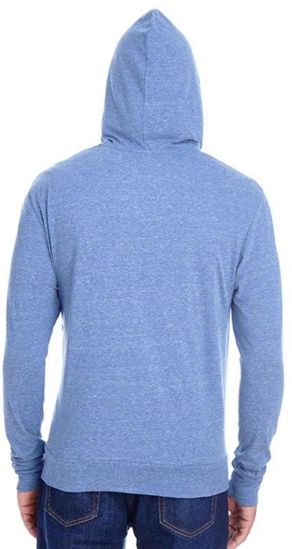 Am image of a Custom Threadfast Unisex Triblend Full Zip Light Hoodie in Navy Triblend!