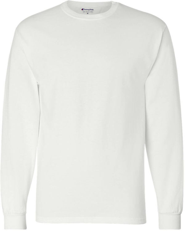 Am image of a Custom Champion Long Sleeve Cotton Tee in White!