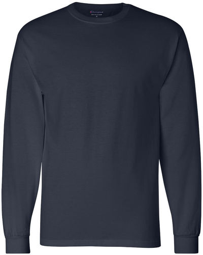 Am image of a Custom Champion Long Sleeve Cotton Tee in Navy!
