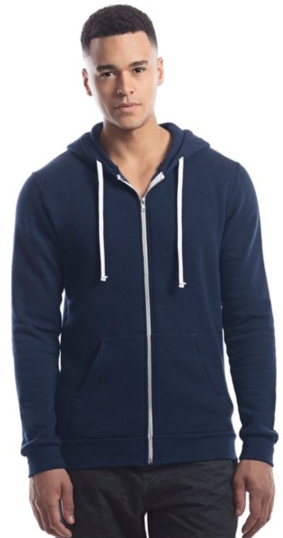Am image of a Custom Jerico Three End Bamboo Full Zip Hooded Sweatshirt in Navy!