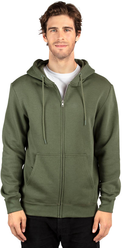 Am image of a Custom Threadfast Unisex Ultimate Fleece Full Zip Hooded Sweatshirt in Army!