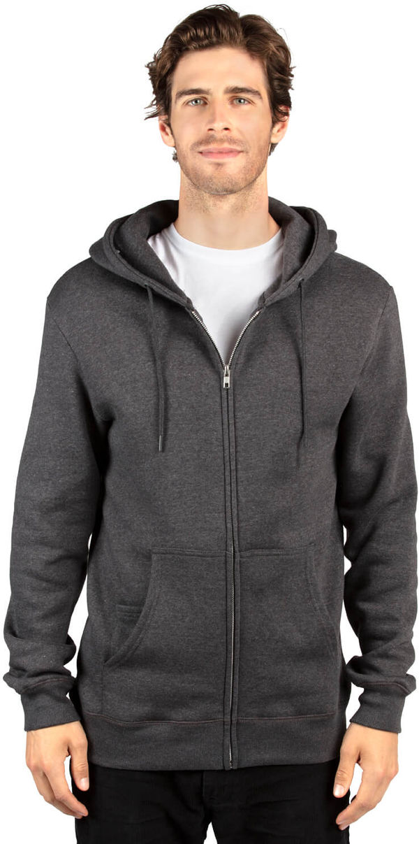 Am image of a Custom Threadfast Unisex Ultimate Fleece Full Zip Hooded Sweatshirt in Charcoal Heather!