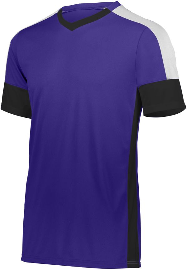 Am image of a Custom High Five Wembley Soccer Jersey in Purple/Black/White!