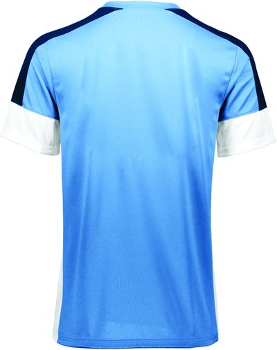 Am image of a Custom High Five Youth Wembley Soccer Jersey in Columbia Blue/White/Navy!