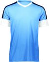 Am image of a Custom High Five Youth Wembley Soccer Jersey in Columbia Blue/White/Navy!