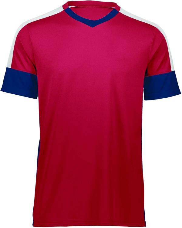 Am image of a Custom High Five Wembley Soccer Jersey in Scarlet/Navy/Black!