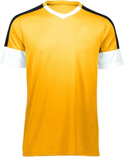 Am image of a Custom High Five Wembley Soccer Jersey in Athletic Gold/White/Black!