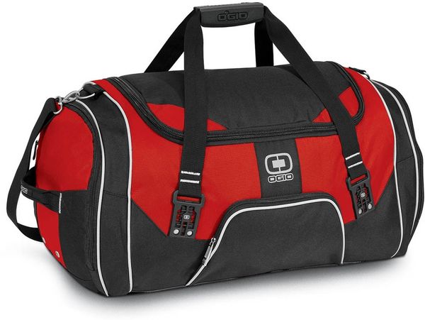 Am image of a Custom Ogio Rage Duffel Bag in Red!