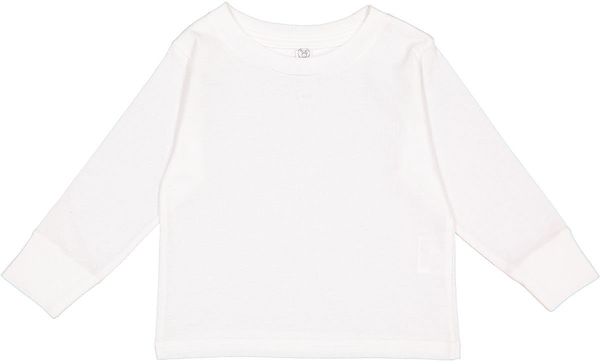 Am image of a Custom Rabbit Skins Toddler Long Sleeve T Shirt in White!