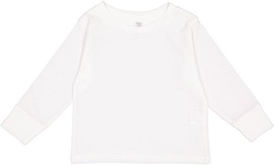 Am image of a Custom Rabbit Skins Toddler Long Sleeve T Shirt in White!