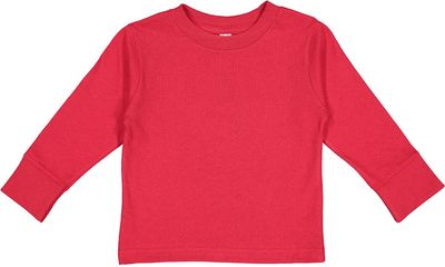 Am image of a Custom Rabbit Skins Toddler Long Sleeve T Shirt in Red!